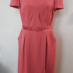 Tahari Coral-Pink Midi Dress with Belt and Pockets